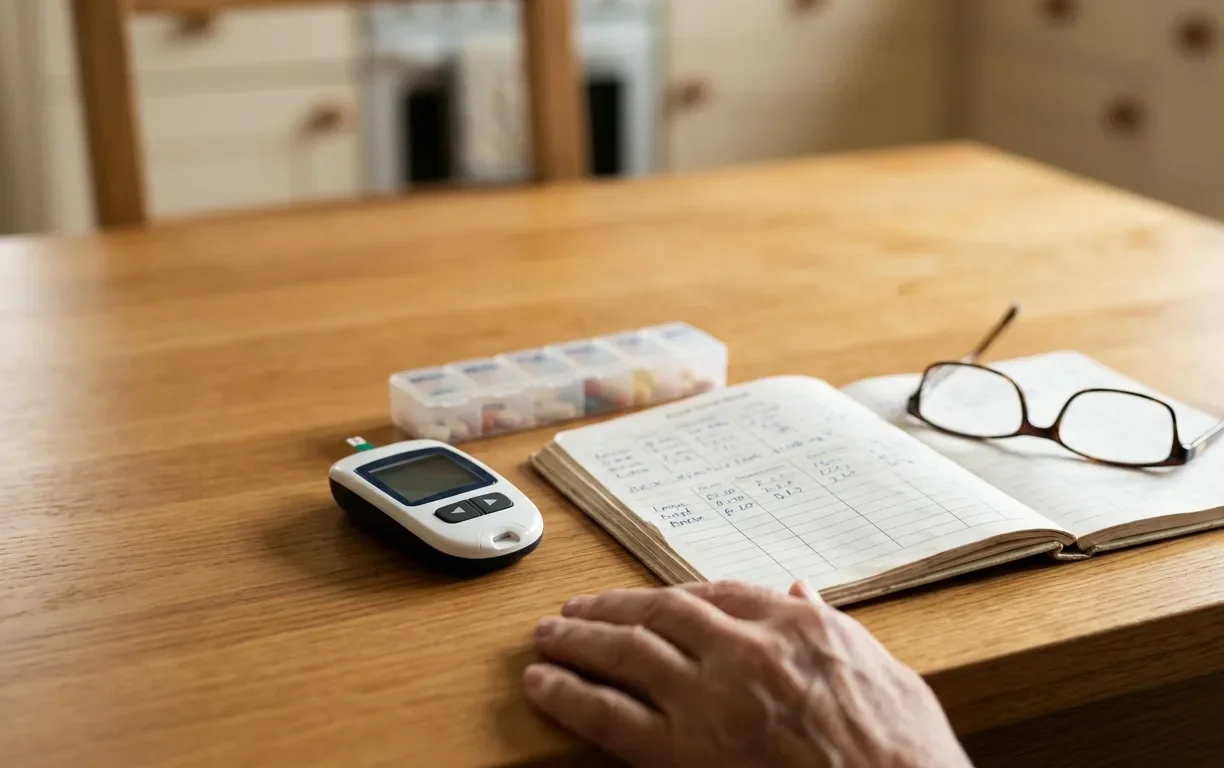 A handwritten health log book, glucose meter and reading glasses on a table