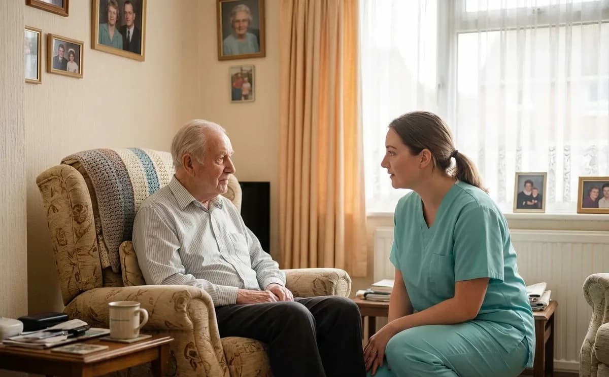 A nurse kneeling beside an older man in his armchair, talking at eye level