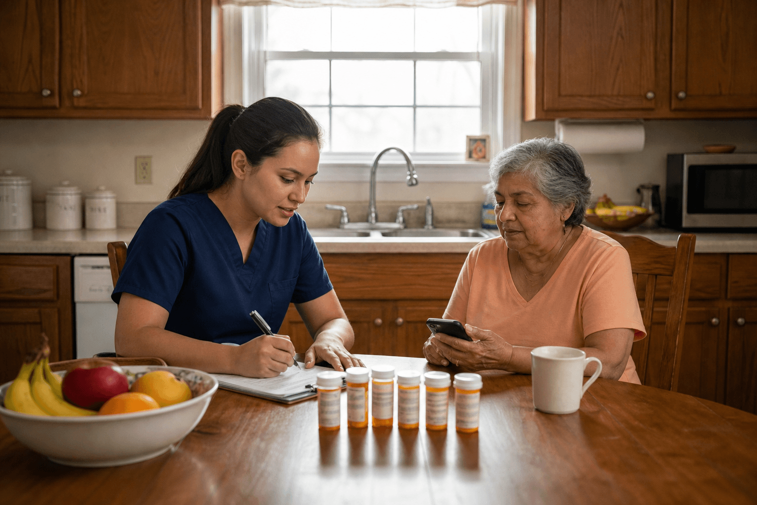A clinician and an older woman at her kitchen table, medication bottles between them