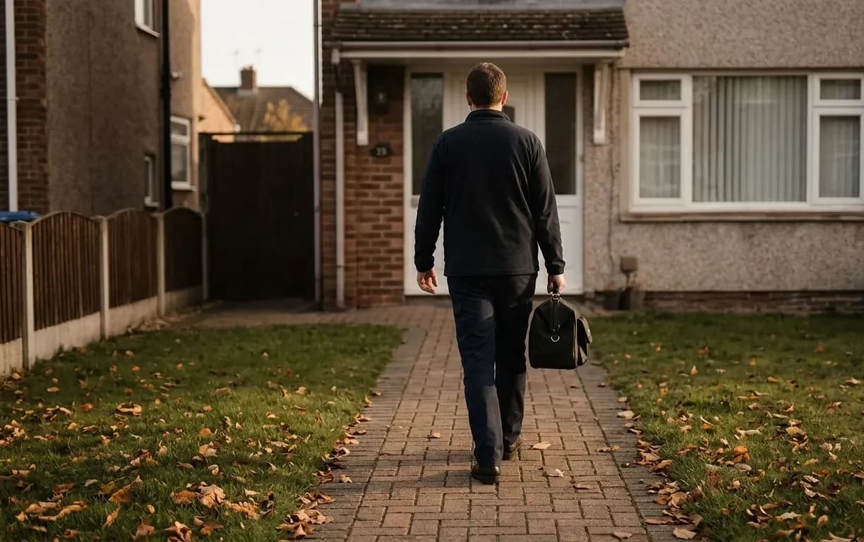 A clinician walking up a garden path to a front door, medical bag in hand