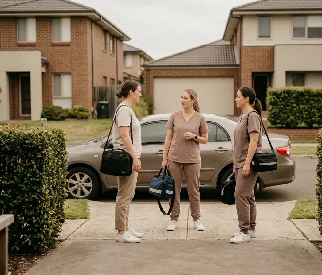 Three clinicians with medical bags beside a car, setting out on home visits