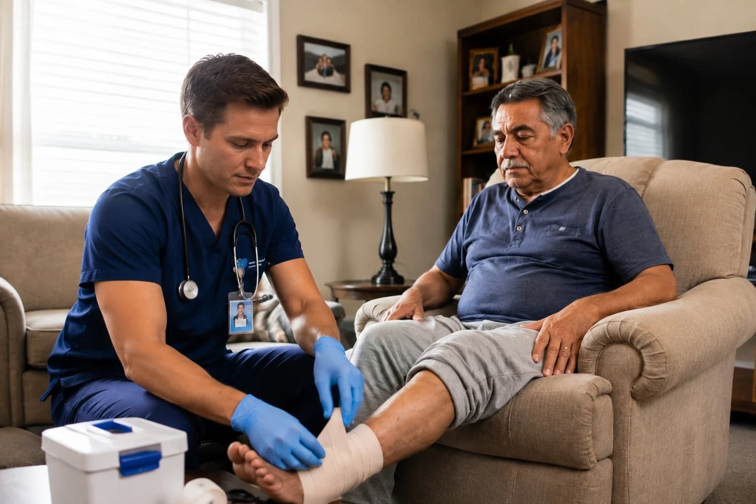 A clinician bandaging an older man's foot in his living room